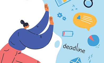 Illustration of person holding back wall of stressful items