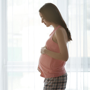Young pregnant woman standing in front of window with hands on her belly