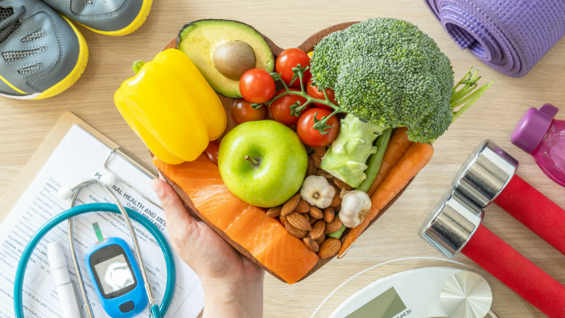 fruits, vegetables, and workout equipment